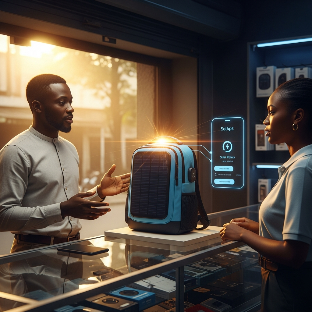 ChargeBot solar backpack beside a merchant point-of-sale display in a Nigerian retail accessories setting.