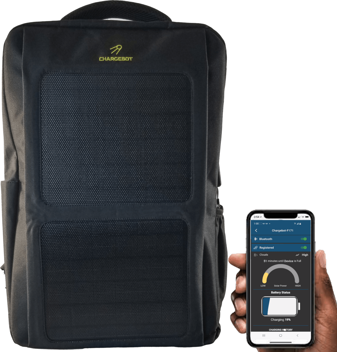 Student carrying a Chargebot solar backpack