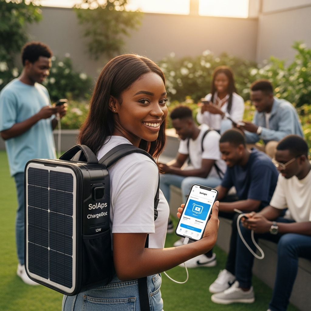 ChargeBot solar backpack supporting a Nigerian community and youth-connectivity programme.