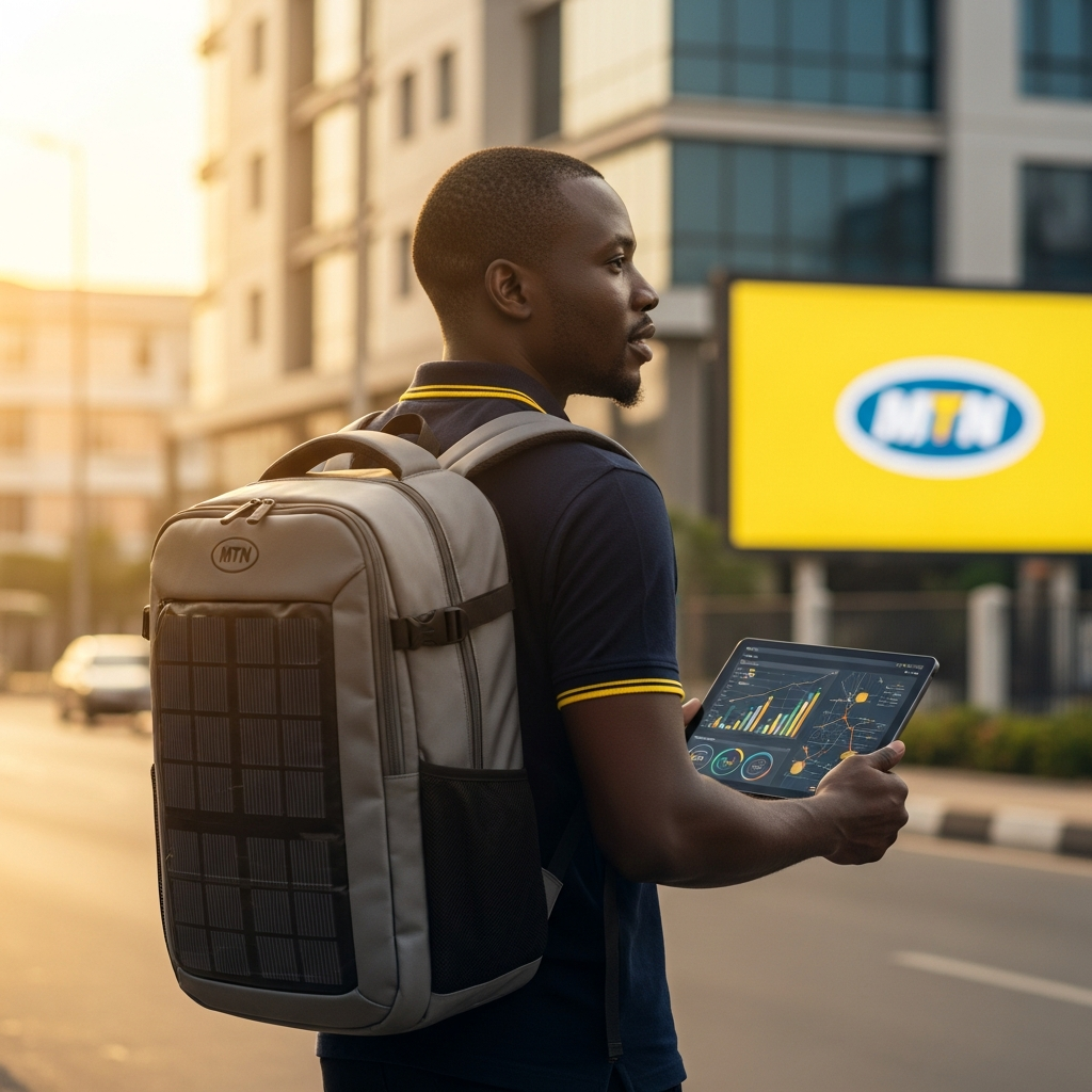 Field professional carrying a ChargeBot solar backpack with an MTN Enterprise branding backdrop.