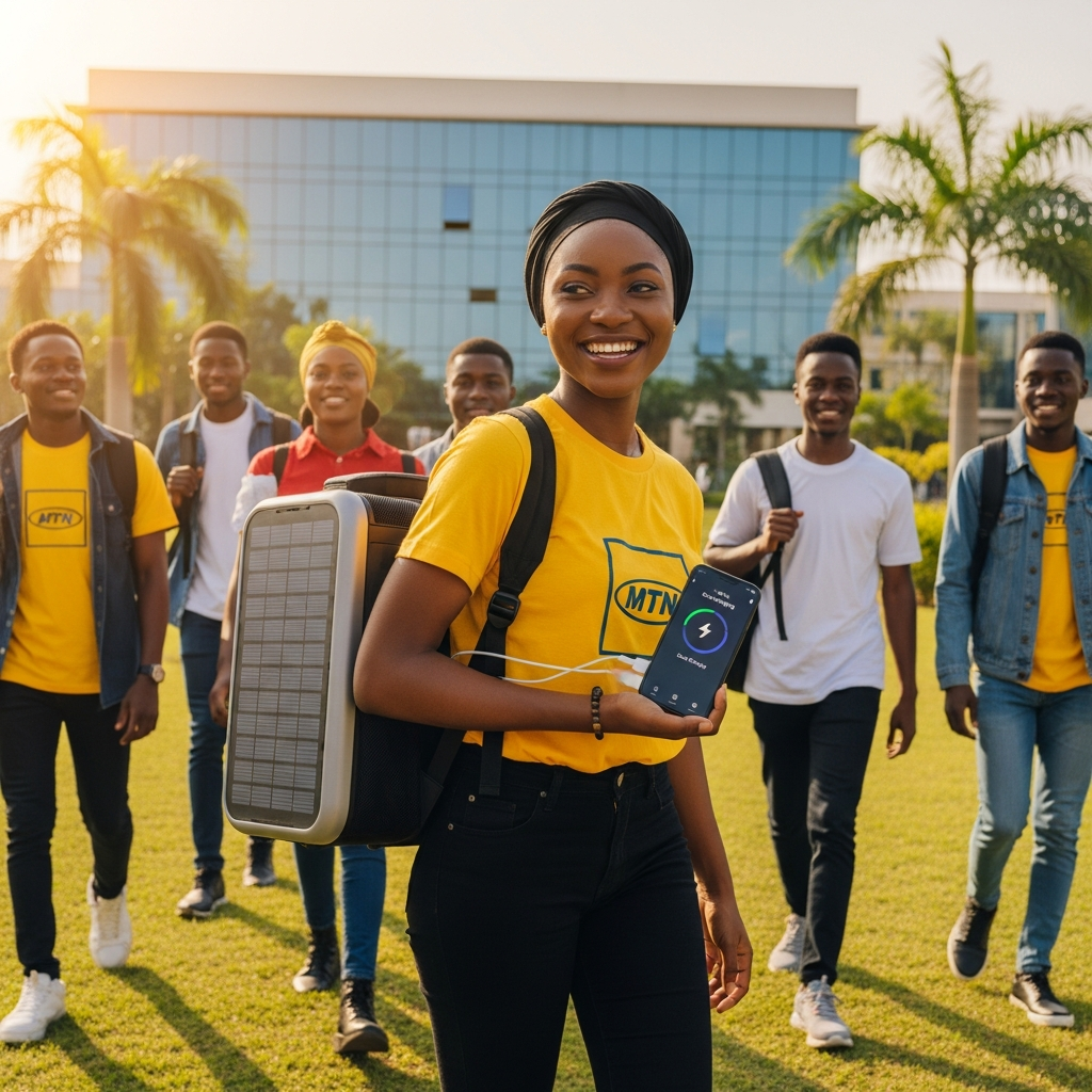 Nigerian student using a ChargeBot solar backpack for a green education initiative.