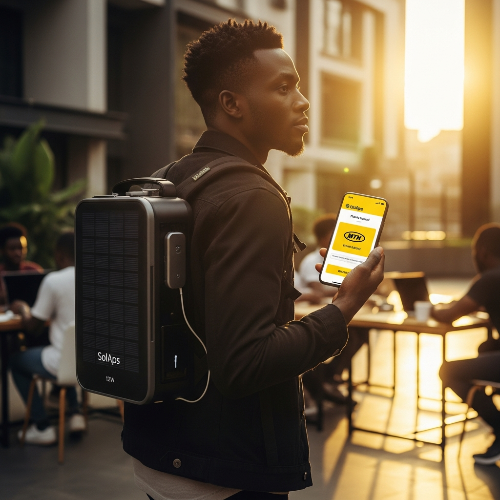Nigerian professional carrying a ChargeBot solar backpack for mobile-money and merchant work.