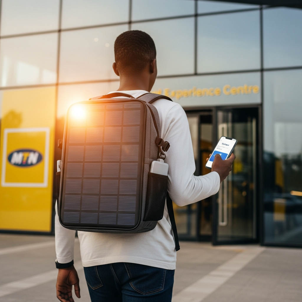 ChargeBot solar backpack at an MTN retail display for mobile-power rewards.