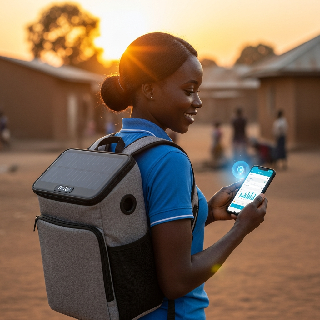ChargeBot solar backpack supporting off-grid Nigerian NGO field work and beneficiary programmes.