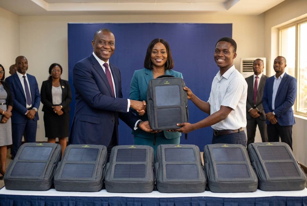 Institutional team presenting Chargebot solar backpacks during a bulk programme handover