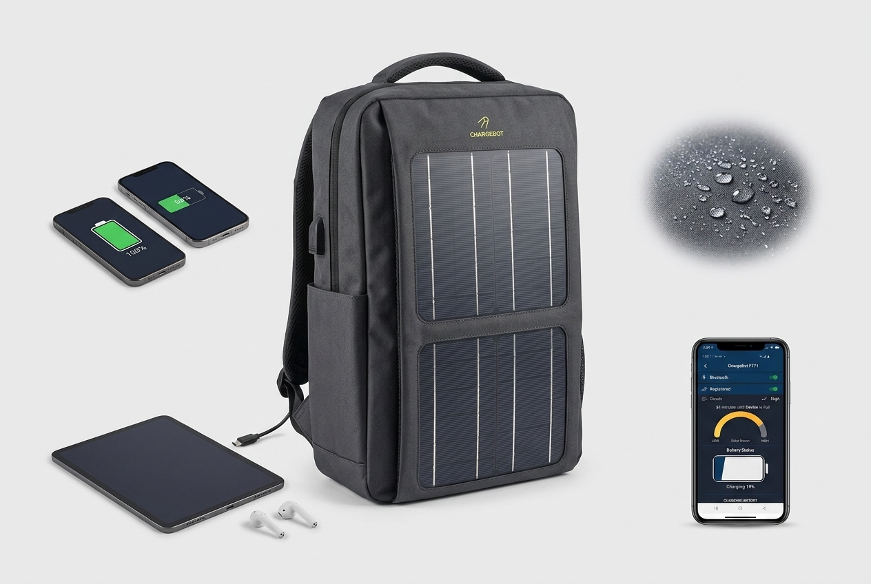 Chargebot solar backpack with device charging, water-resistance detail, and mobile battery-management display