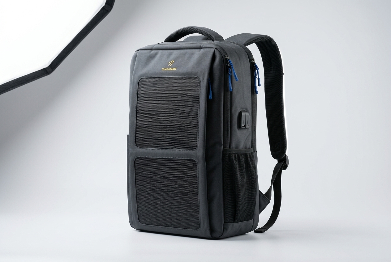 Chargebot backpack with twin solar panels and a side USB charging port in a studio setting