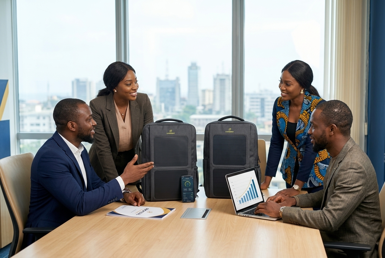 Corporate team reviewing Chargebot backpacks and a commercial performance chart in a meeting room