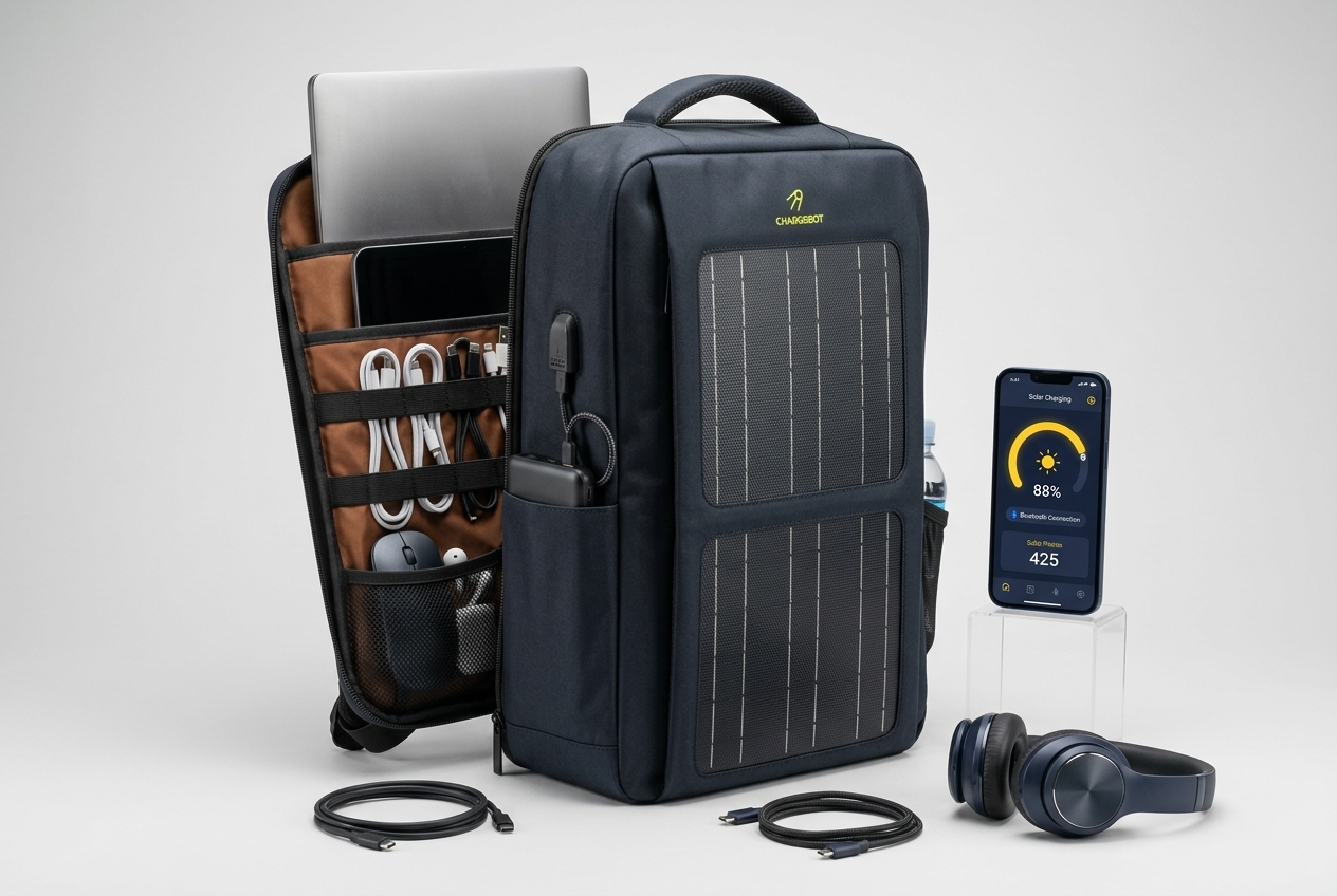 Open Chargebot backpack with solar panels, organised storage, USB accessories, and a solar-status app display