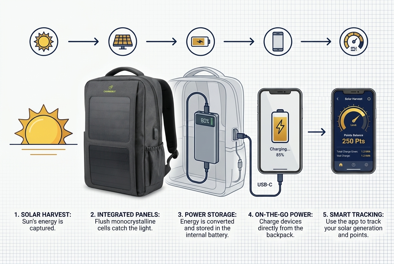 Chargebot solar workflow from sunlight and integrated panels to device charging and smart rewards tracking