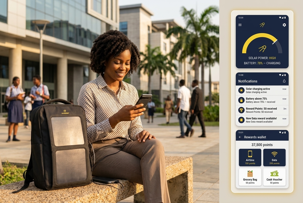 Chargebot user and mobile app screens showing solar charge status, notifications, and rewards wallet