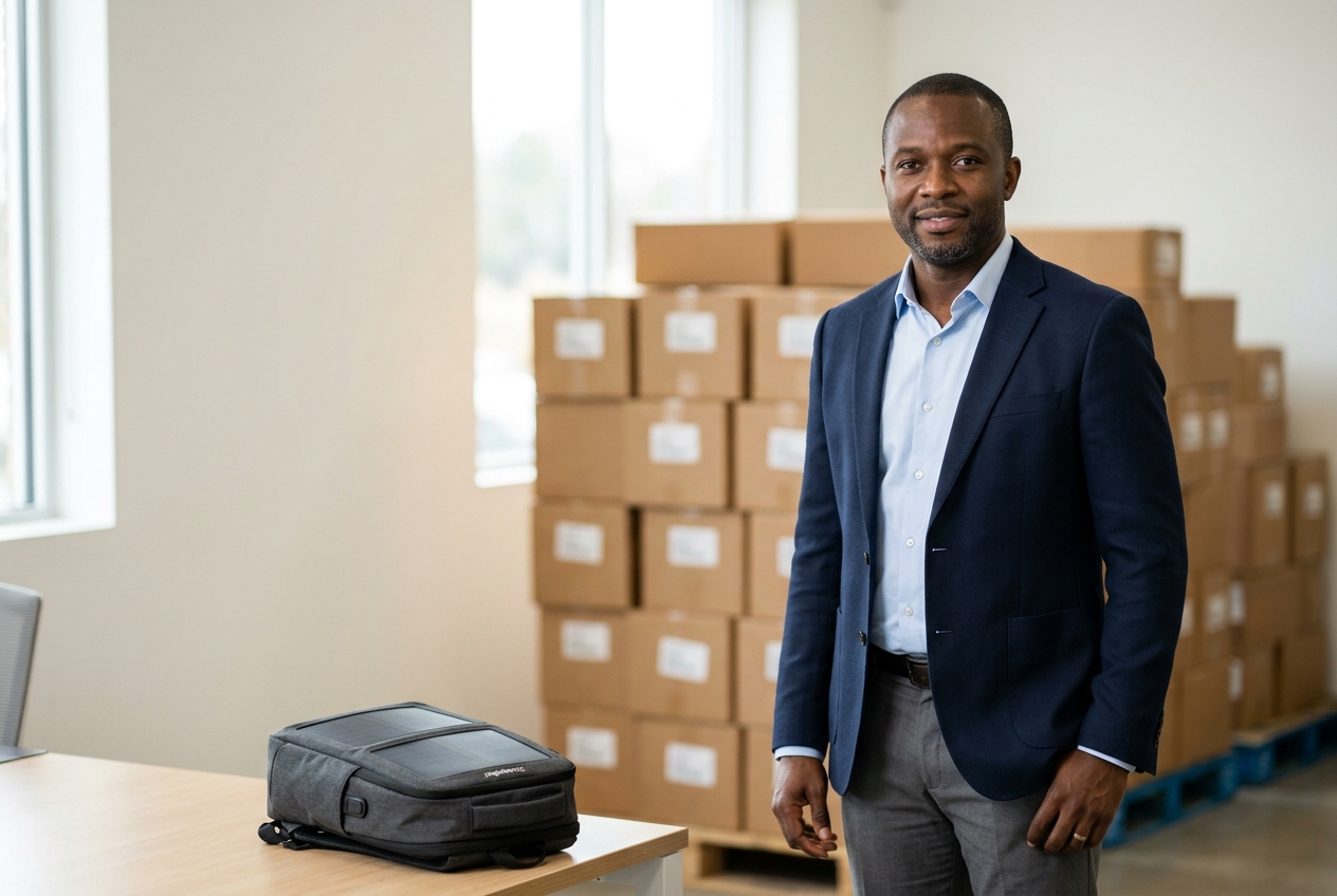 Business representative with packaged wholesale Chargebot inventory and a solar backpack