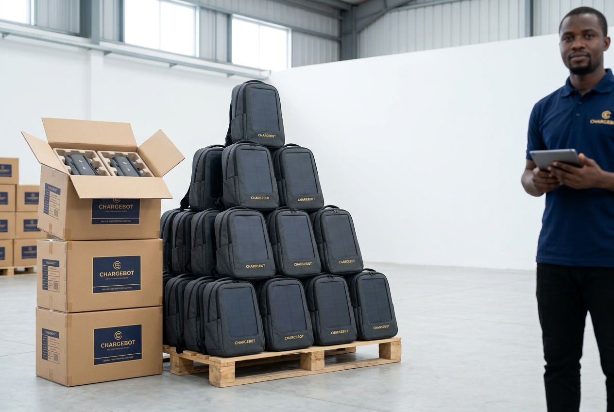 Warehouse pallet of Chargebot backpacks, boxed stock, and an operator preparing a bulk shipment