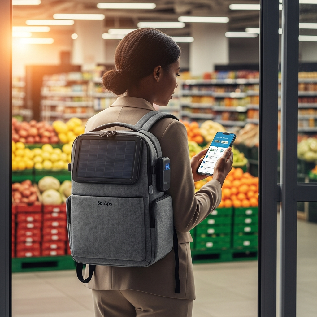 ChargeBot solar backpack at a Nigerian supermarket loyalty and retail setting.