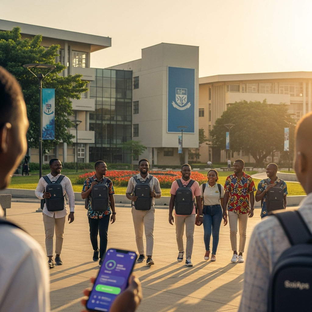 Nigerian university student with a ChargeBot solar backpack for dependable campus power.