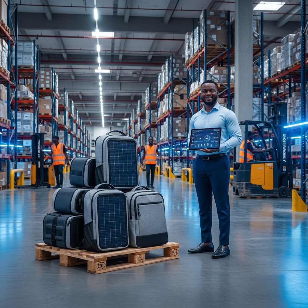 ChargeBot solar backpacks on pallets in a wholesale distribution warehouse.