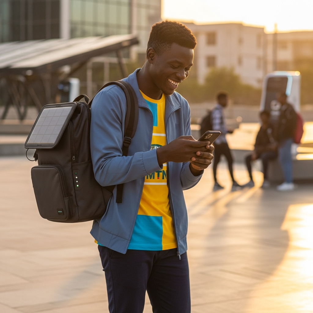Young Nigerian traveller wearing a ChargeBot solar backpack for the MTN Youth Pulse programme.